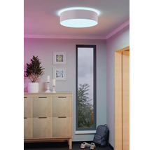 Plafonnier rond et moderne dans une entrée lumineuse avec un buffet en bois, une plante et une fenêtre étroite.