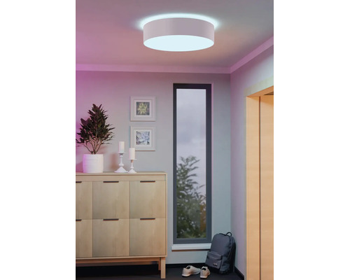 Plafonnier rond et moderne dans une entrée lumineuse avec un buffet en bois, une plante et une fenêtre étroite.