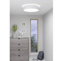 Plafonnier rond blanc dans une pièce moderne avec une commode, une plante et une fenêtre étroite.