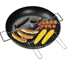 Brasero avec grille, garni d'aliments factices et de bûches décoratives.