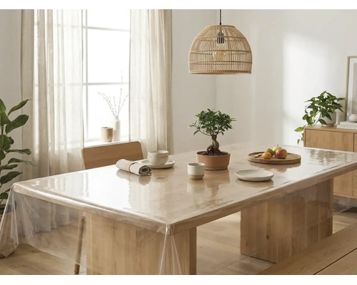 Transparente Tischfolie auf einem hellen Holztisch in einem hellen, aufgeräumten Esszimmer mit einer Korblampe und einem Bonsai.
