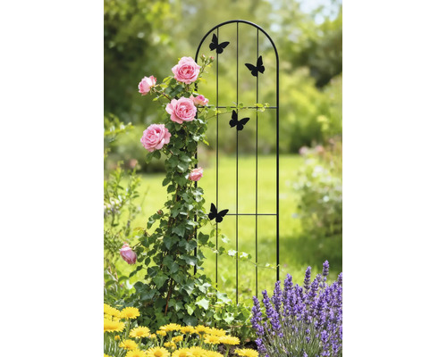 Treillis de jardin en métal avec motifs papillons et sommet arrondi, décoré de roses grimpantes.