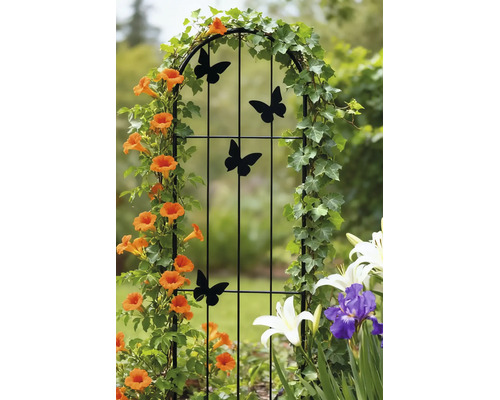 Support pour plantes grimpantes en métal noir avec motifs de papillons, orné de plantes dans un jardin.