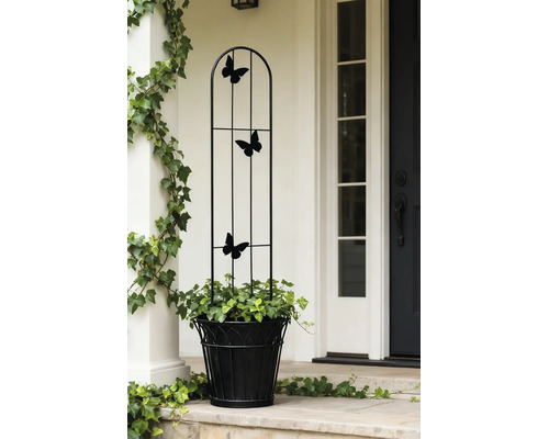 Treillis en métal noir avec décorations de papillons, placé dans un pot de fleurs avec du lierre dans une entrée lumineuse.