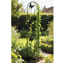 Support pour plantes grimpantes en métal noir avec trois papillons, garni de plantes dans un jardin.