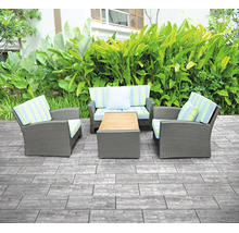 Terrasse avec dalles en pierre grises, salon de jardin en polyrotin et table basse en bois devant des plantes vertes.