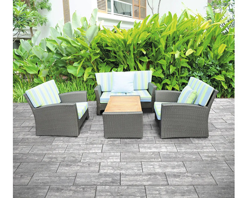 Terrasse avec dalles en pierre grises, salon de jardin en polyrotin et table basse en bois devant des plantes vertes.