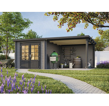 Modernes Gartenhaus aus Holz mit Pultdach, Doppeltür mit Fenstern und integrierter überdachter Terrasse in einem hellen, organisierten Garten.