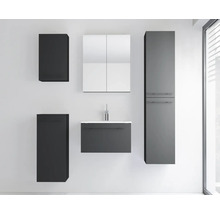 Ensemble de meubles de salle de bains moderne en gris foncé, avec meuble sous-vasque, lavabo, armoire de toilette, colonne et meubles muraux.
