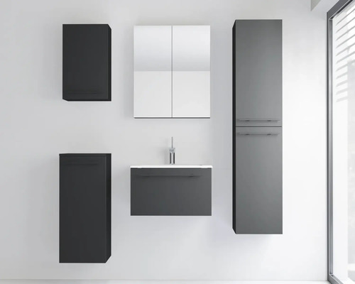 Ensemble de meubles de salle de bains moderne en gris foncé, avec meuble sous-vasque, lavabo, armoire de toilette, colonne et meubles muraux.