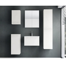 Ensemble de meubles de salle de bain moderne blanc, comprenant un meuble sous-vasque avec vasque, armoire de toilette, colonne et placards.