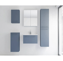 Ensemble de meubles de salle de bains moderne en bleu, comprenant un meuble sous-vasque, une armoire de toilette, une colonne et deux meubles.