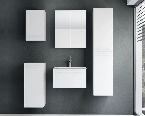 Ensemble de meubles de salle de bain comprenant un sous-lavabo avec vasque, une armoire de toilette, deux armoires suspendues et une colonne.