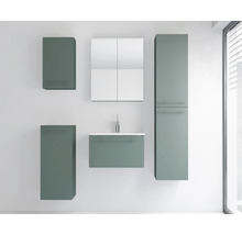 Ensemble de meubles de salle de bain moderne en vert sauge mat comprenant un meuble sous-lavabo, une armoire de toilette et plusieurs armoires murales.