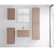 Ensemble de meubles de salle de bains moderne composé d'un sous-lavabo avec lavabo blanc, une armoire de toilette, une armoire haute et deux meubles suspendus.