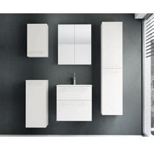 Ensemble de meubles de salle de bains moderne comprenant un meuble sous-lavabo, une armoire de toilette, une armoire haute et deux armoires murales.