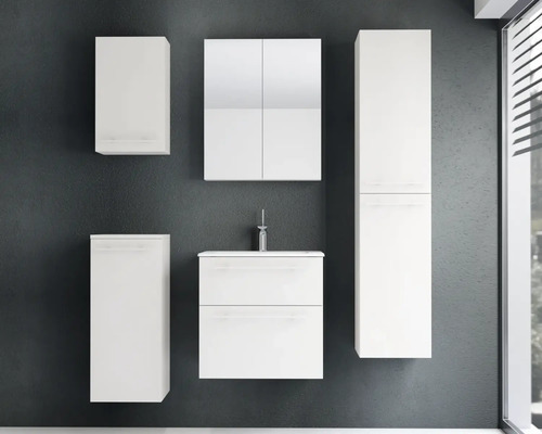 Ensemble de meubles de salle de bains moderne comprenant un meuble sous-lavabo, une armoire de toilette, une armoire haute et deux armoires murales.