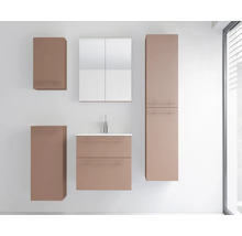 Ensemble de meubles de salle de bains comprenant meuble sous-vasque à deux tiroirs, armoire de toilette et trois colonnes murales différentes.