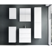 Ensemble de meubles de salle de bains moderne en blanc, comprenant un meuble sous-lavabo, une armoire de toilette, une colonne et deux meubles hauts.