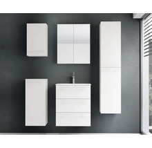 Ensemble de meubles de salle de bains blanc moderne, suspendu, avec meuble sous-lavabo, armoire de toilette, colonne et armoires murales.