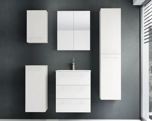 Ensemble de meubles de salle de bains blanc moderne, suspendu, avec meuble sous-lavabo, armoire de toilette, colonne et armoires murales.