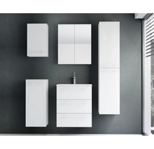 Ensemble de meubles de salle de bains moderne en blanc comprenant un meuble sous-lavabo, une armoire de toilette et plusieurs armoires latérales.