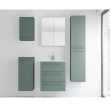 Ensemble de meubles de salle de bains moderne avec meuble sous vasque, armoire de toilette et armoires latérales en finition verte mate.