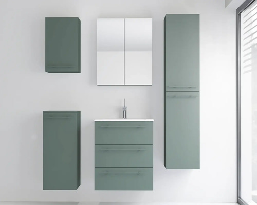 Ensemble de meubles de salle de bains moderne avec meuble sous vasque, armoire de toilette et armoires latérales en finition verte mate.