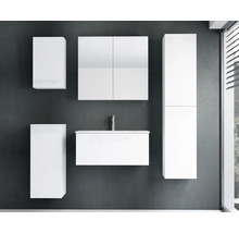 Ensemble de meubles de salle de bains blanc moderne composé d'un meuble sous-vasque avec lavabo, d'une armoire de toilette et d'armoires murales.