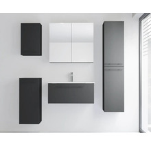 Ensemble de meubles de salle de bains modernes gris foncé à montage mural, comprenant un meuble sous-vasque, une armoire de toilette et des meubles.