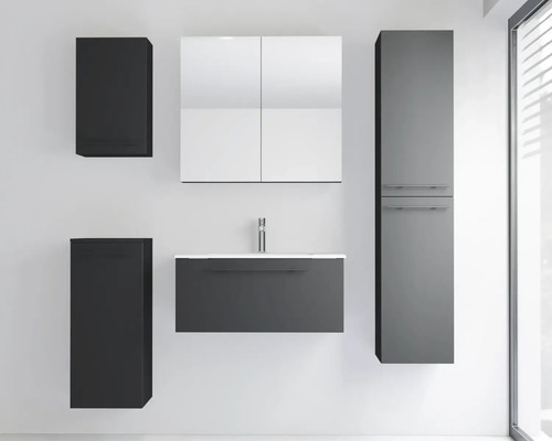 Ensemble de meubles de salle de bains modernes gris foncé à montage mural, comprenant un meuble sous-vasque, une armoire de toilette et des meubles.