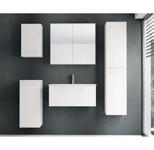 Ensemble de meubles de salle de bains suspendus modernes comprenant un meuble sous-vasque avec lavabo, une armoire de toilette et des colonnes.