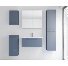 Ensemble de meubles de salle de bain moderne bleu-gris avec meuble sous-vasque, vasque, armoire de toilette, colonne et deux meubles muraux.