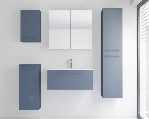 Ensemble de meubles de salle de bain moderne bleu-gris avec meuble sous-vasque, vasque, armoire de toilette, colonne et deux meubles muraux.