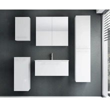 Ensemble de meubles de salle de bains blanc moderne avec meuble sous-vasque, lavabo, armoire à miroir, colonne et placards.