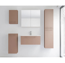 Ensemble de meubles de salle de bains comprenant un meuble sous-lavabo avec lavabo, robinet, armoire de toilette et armoires latérales.