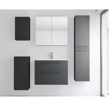 Ensemble de meubles de salle de bains gris moderne avec meuble sous-lavabo, lavabo, armoire de toilette et armoires hautes.