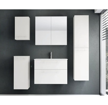 Ensemble de meubles de salle de bains blanc moderne avec meuble sous-lavabo, armoire de toilette, colonne et deux meubles hauts.