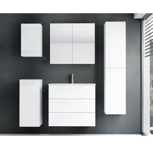 Ensemble de meubles de salle de bain blanc, design moderne, avec meuble sous-vasque, trois tiroirs, armoire de toilette et trois colonnes.
