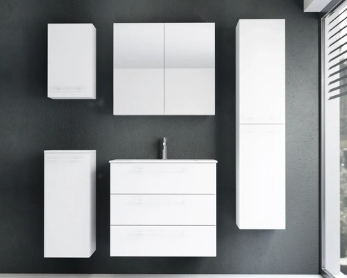 Ensemble de meubles de salle de bain blanc, design moderne, avec meuble sous-vasque, trois tiroirs, armoire de toilette et trois colonnes.