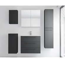 Ensemble de meubles de salle de bains anthracite avec lavabo, armoire de toilette, colonne et deux meubles latéraux.
