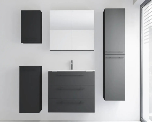 Ensemble de meubles de salle de bains anthracite avec lavabo, armoire de toilette, colonne et deux meubles latéraux.