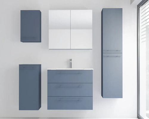 Ensemble de meubles de salle de bains avec meuble sous-vasque, lavabo, armoire de toilette, deux meubles hauts et une colonne.