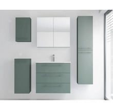 Ensemble de meubles de salle de bains moderne avec meuble sous-lavabo à trois tiroirs, armoire de toilette, une colonne et deux meubles d'appoint.