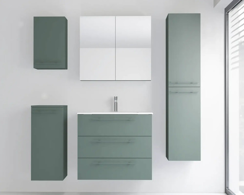 Ensemble de meubles de salle de bains moderne avec meuble sous-lavabo à trois tiroirs, armoire de toilette, une colonne et deux meubles d'appoint.