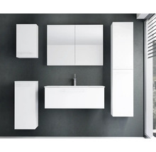 Ensemble de meubles de salle de bains blanc avec meuble sous-lavabo, armoire de toilette, colonne et placards muraux sur fond sombre.