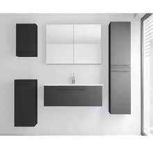 Ensemble de meubles de salle de bain moderne au design sombre avec meuble sous-vasque, armoire à miroir, colonne et deux armoires murales.