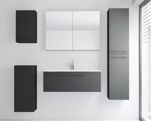 Ensemble de meubles de salle de bain moderne au design sombre avec meuble sous-vasque, armoire à miroir, colonne et deux armoires murales.
