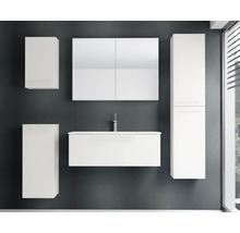 Ensemble de meubles de salle de bain blanc, cinq pièces, suspendu, avec meuble sous-vasque, armoire de toilette, colonne et deux meubles latéraux.