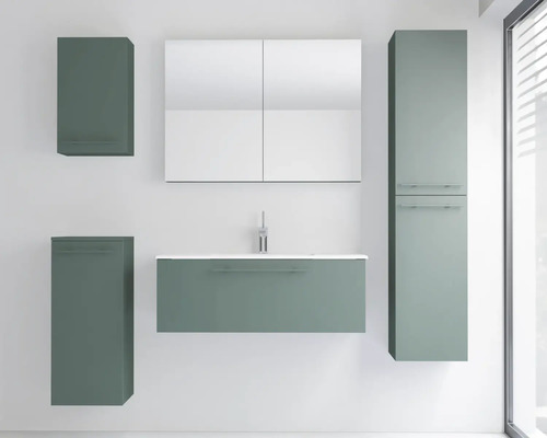 Ensemble de meubles de salle de bain moderne en vert sauge avec meuble sous-vasque, armoire à miroir, armoire haute et meubles muraux.